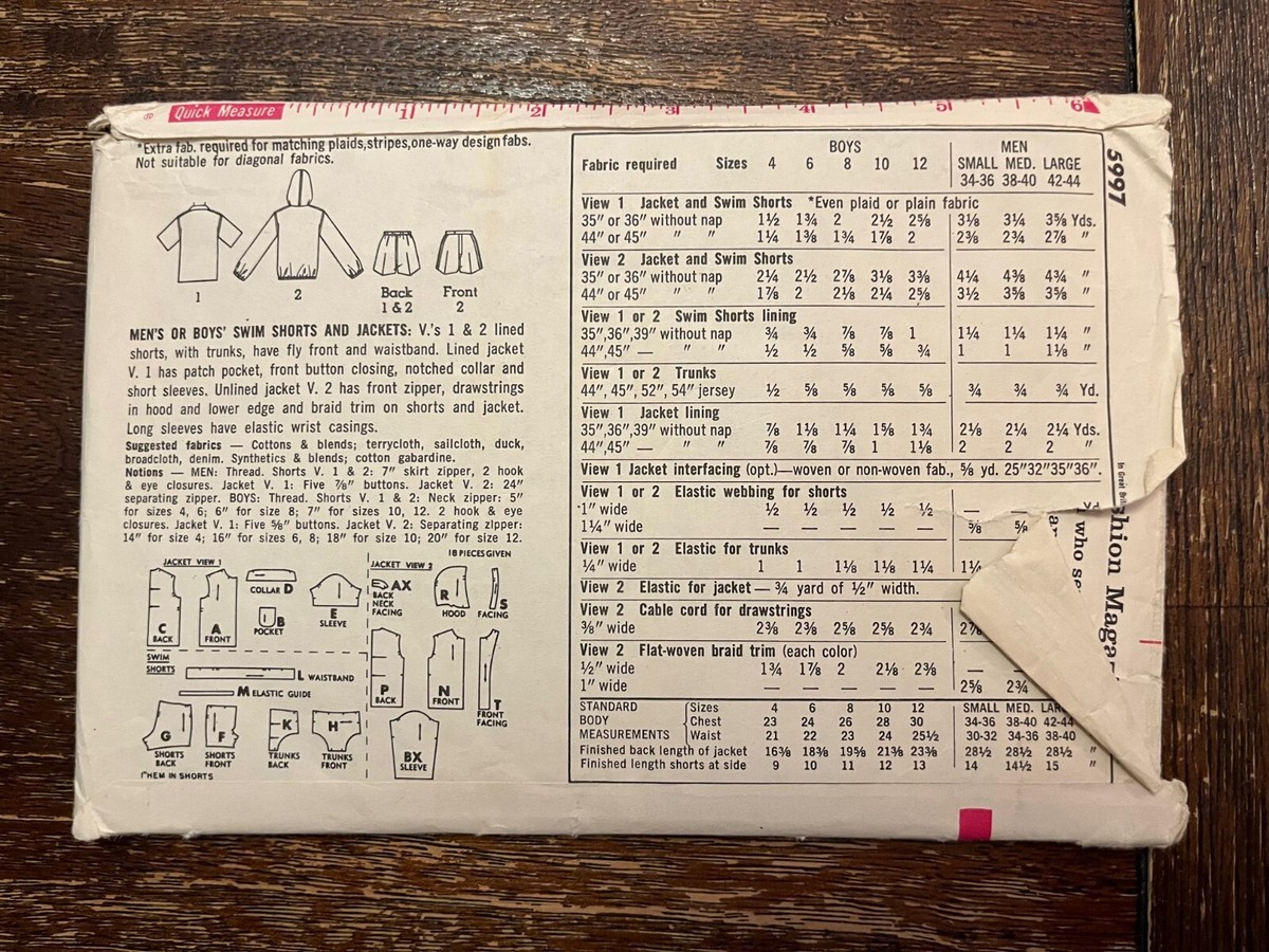その他 M Simplicity 5997 UNCUT Sewing Pattern, Men's Swim Shorts & Jackets
