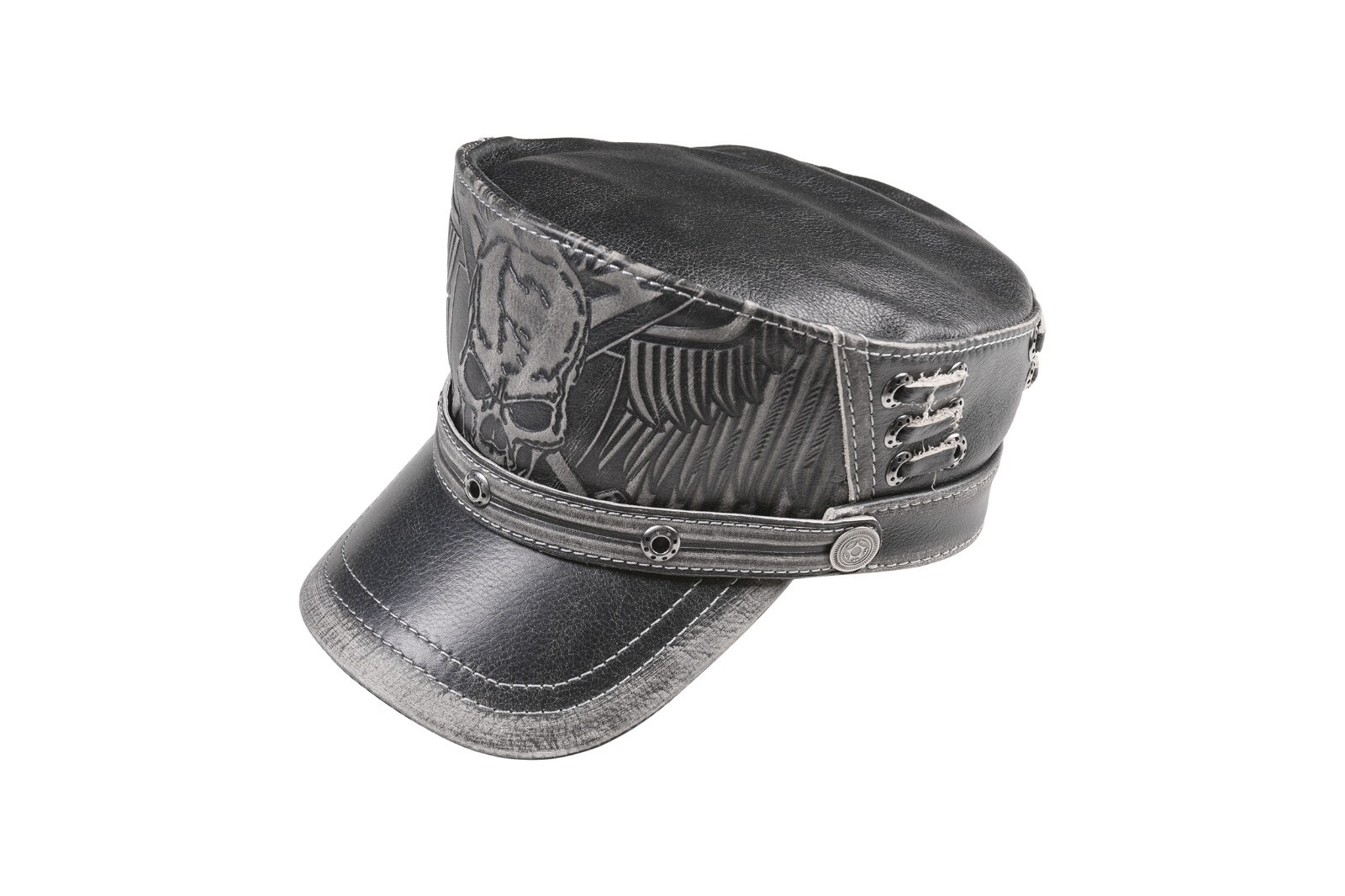 Brown Leather Scull Cap Biker Aviator Army Steampunk style with Winged Design