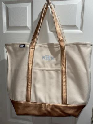 Lands End Large Open Top Canvas Tote Bag Gold Monogram 