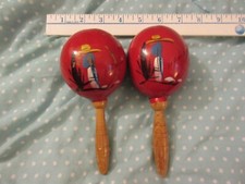 Vintage Red Hand Painted Maracas Musical Instrument Mexico See Description