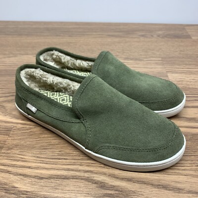 SANUK CHILL PAIR O DICE SUEDE SLIP-ON LINED SNEAKERS GREEN WOMEN US 6