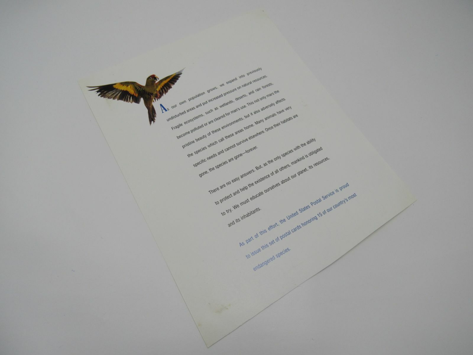 USPS Vintage Endangered Species Informational Card Mint Never Hinged/MNH