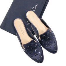 Womens New Oscar de la Renta Audrey Crystal Navy Satin Mule Size 37