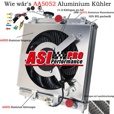 Kühler 2 Reihe+Lüfter Für Honda Civic EK EG 1992-00 CRX Del Sol 13-97 Aluminum