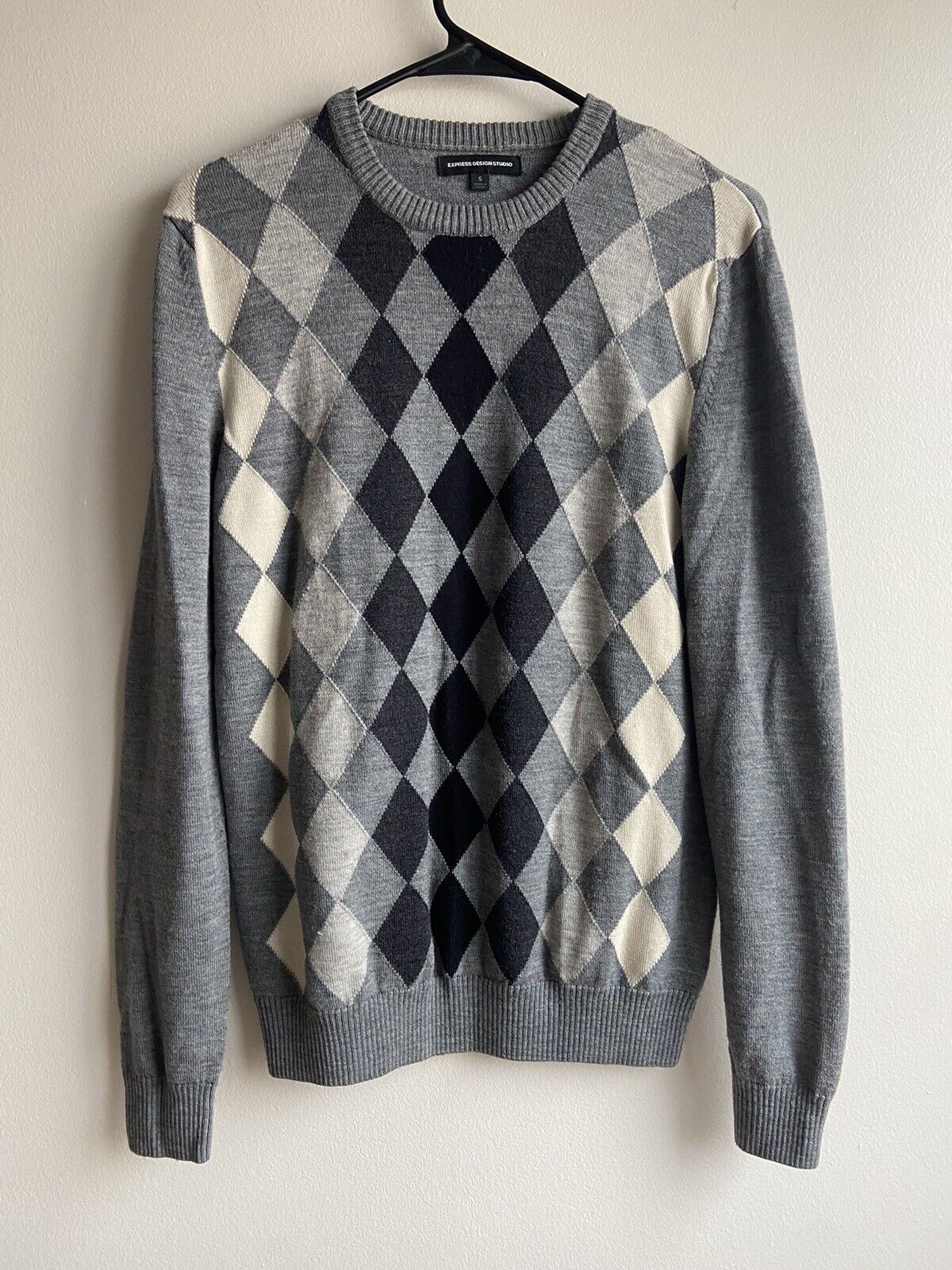 Express Merino Wool argyle sweater size S black g… - image 2