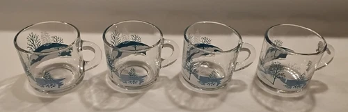 Set of 4 Anchor Hocking Clear Glass Blue White Winter Tree Scene Mugs
