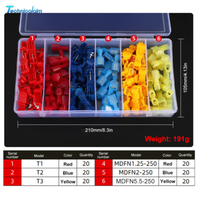 120pcs T-Type  Wire Terminal Crimp Cable Terminals Connectors cable clamp Kit