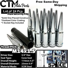 24x 4.5" Tall 14x1.5 Chrome Spike Lug Nut+ Key Fit F150 Navigator Expedition