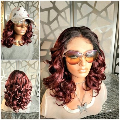 Ombre Burgundy Wig Curly Wig Freeparting 13x4 Lace Human Hair Blend Loose Wave