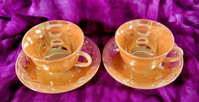 2 FIRE KING Peach Lustre Laurel Cup Saucer*VTG USA*Anchor Hocking*Luster