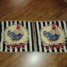 2 Wool-Velvet-Needlepoint Rooster Pillow Tapestries 16x16