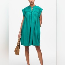 NWT $138 Madewell Embroidered Pleated Green Mini Short Sleeve Dress Womens XS