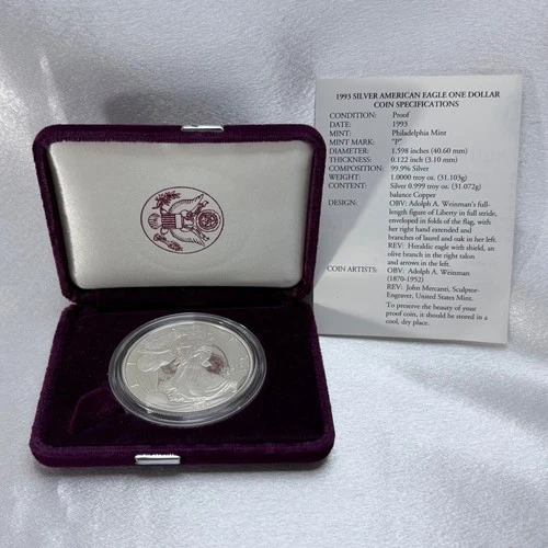 1993-P Proof Silver American Eagle $1 .999 Fine Silver Coin with OGP COA [H2]