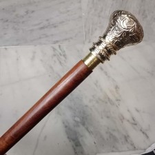 Vintage Walking Stick with Decorative Brass Handle, Wooden Shaft, Antique Design