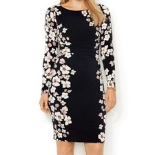 LAUREN RALPH LAUREN Women's 10 Petite Black Pink Floral Long Sleeve Sheath Dress