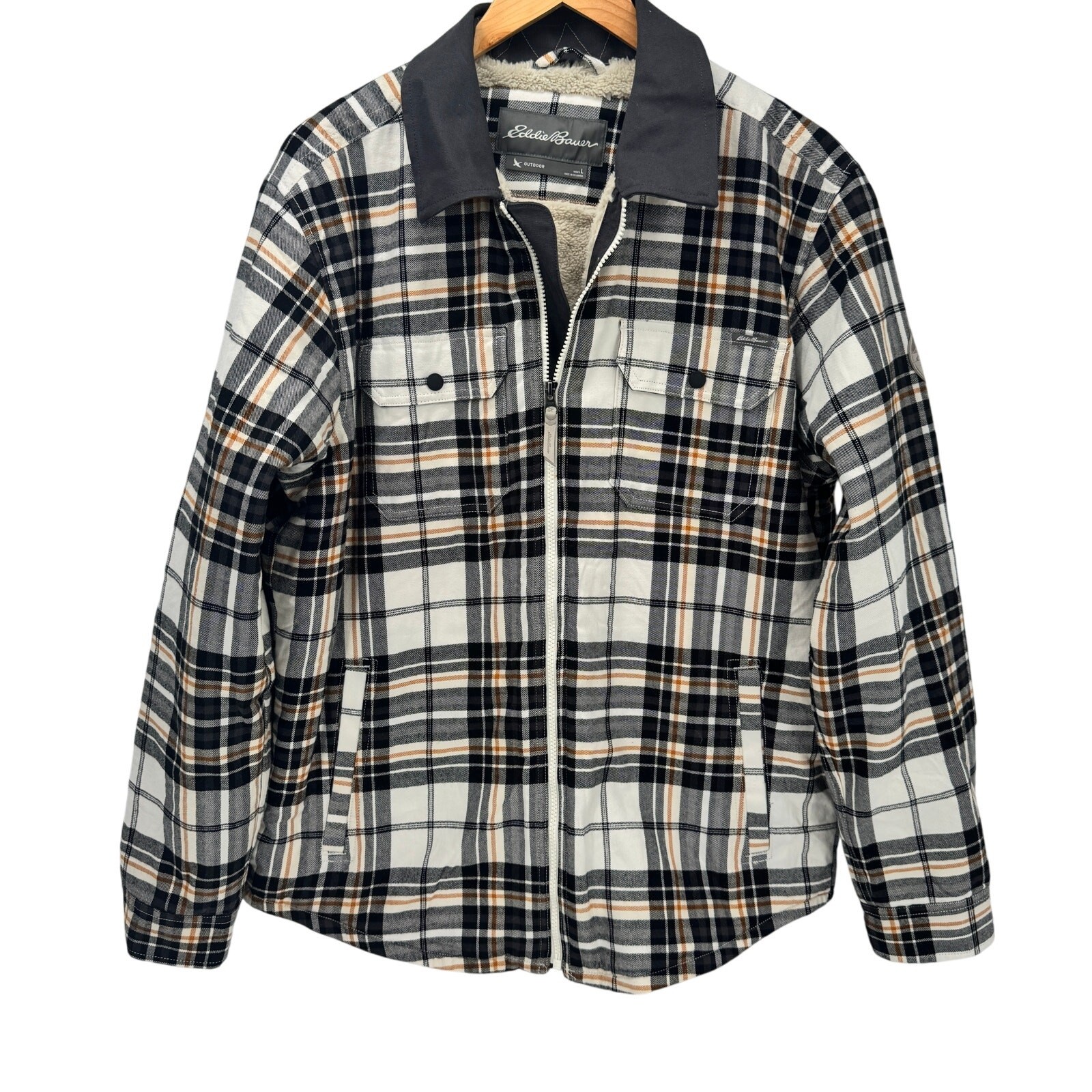 Eddie Bauer Men's Large Sherpa-Lined Flannel Jacket with Pockets Full Zip Plaid