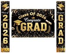 3Pcs Black and Gold Graduation Decorations 2026 Congrats Grad Class of 2026 B...
