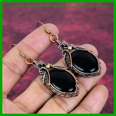 Oval Black Onyx Gemstone Dangle Wire Wrapped Wife Gift Earrings Jewelry Copper