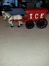 Vintage Cast Iron White Horse Drawn Red Ice Cart Buggy Wagon Toy