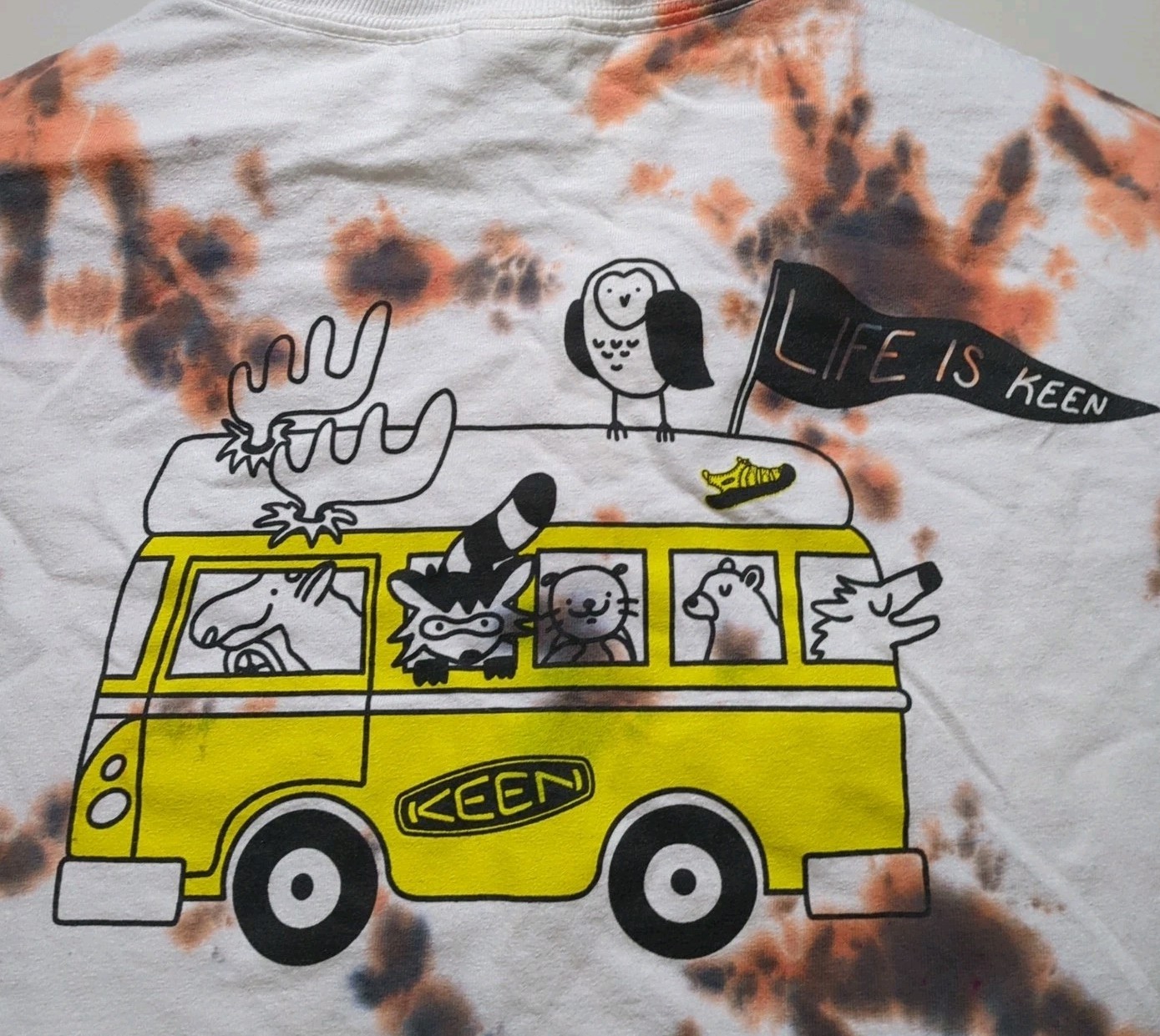 Vintage anni '90 Keen Life Is Keen Bus sandali stivali scarpe promo tie dye t shirt L