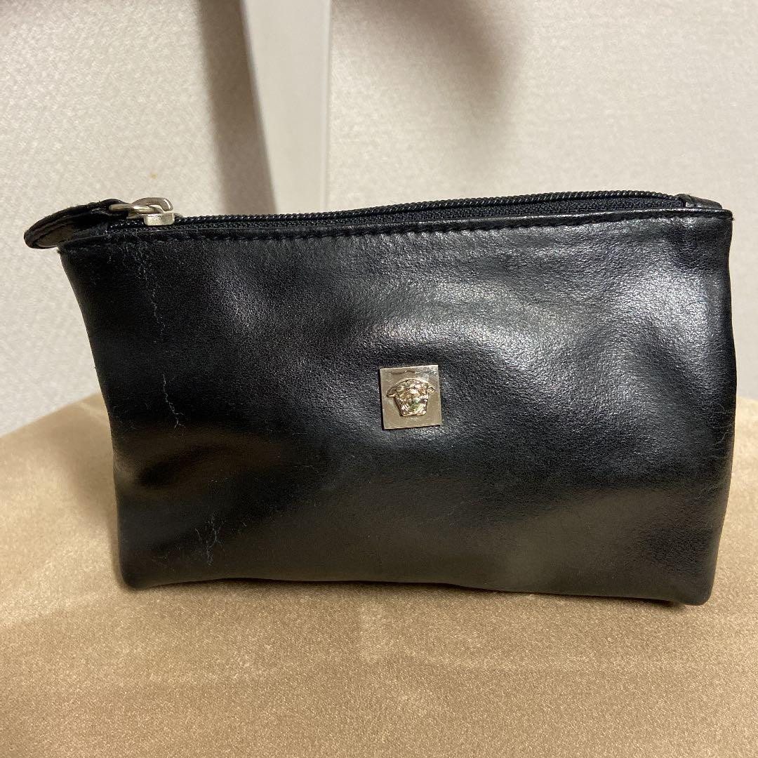 Versace Mini Pouch Vintage Black Leather Women's From Japan