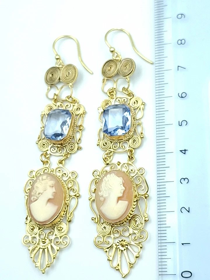 Orecchini TOPAZIO cammeo conchiglia stile Vittoriano Argento 925 Oro 18 Kt Cameo - Immagine 4 di 4