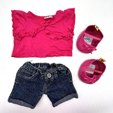 Build a Bear Pink Bead Ruffle Top Shirt Denim Jean Shorts Shoes Teddy Outfit Set
