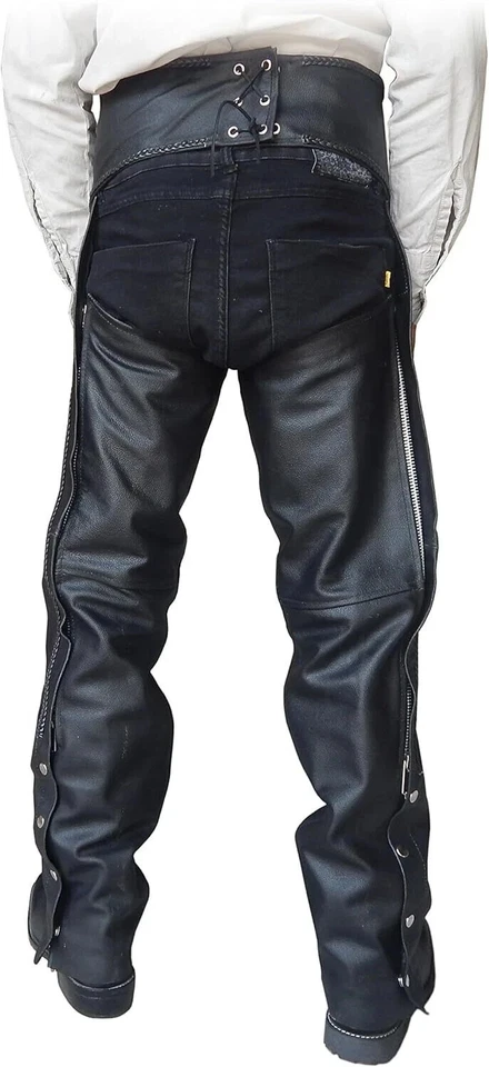 2Fit™ Unisex Genuine Black Leather Braided Motorcycle Chaps for Bikers - Image 3 of 4