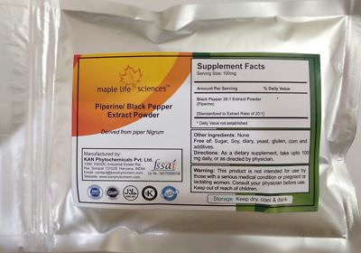 Black Pepper 20:1 Extract Powder Piperine Piper Nigrum Pure No Fillers