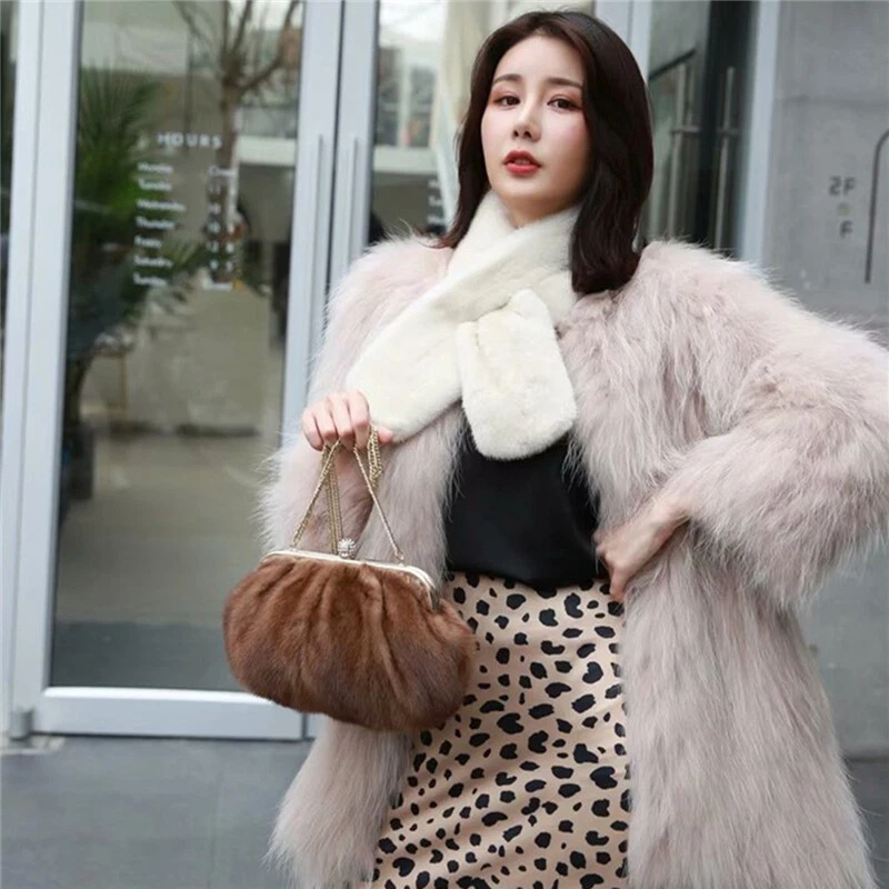 Women Evening Bags Full-pelt Mink Fur Clutch Bags Real Fur Leopard Shoulder  Bags