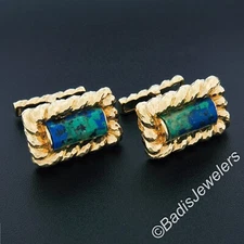 David Webb 18k Yellow Gold & Azurmalachite Lassoed Cylinder Hammered Cuff Links