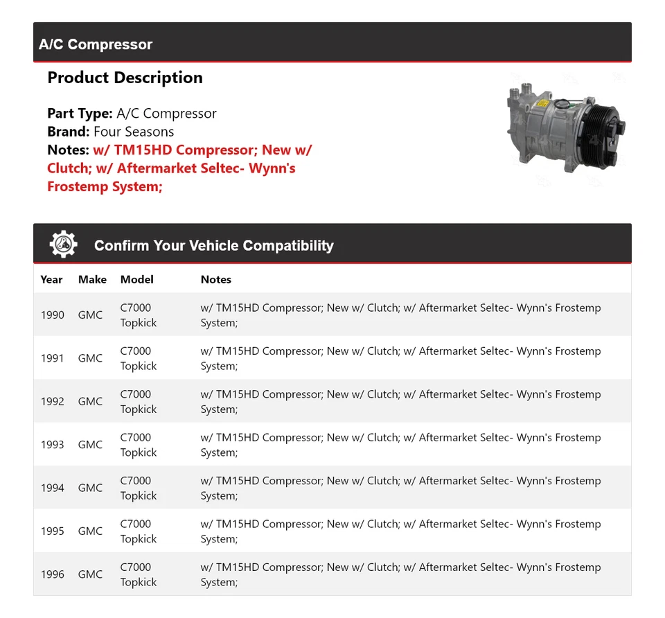 For 1990-1996 GMC C7000 Topkick A/C Compressor 4 Seasons 1991 1992 1993 1994 - Image 2 of 4