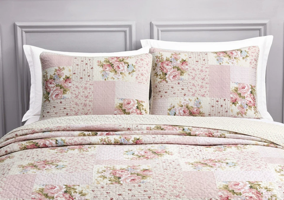 Pre-Washed Cotton Quilt Set - Rosy Pink Chic Floral Bedding Coverlet Set - Image 4 of 4