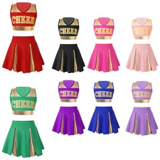 Girls 2Pcs Cheerleading Costume Sleeveless Crop Tops with Pleated Skirt Outfits