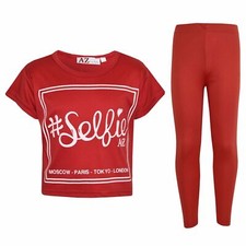 Kids Girls Selfie Print Stylish Red Crop Top Fashion Legging Sets 5-13 Years