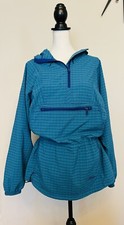 LL Bean Vintage 1/4 Zip Anorak Windbreaker Womans L Blue Checks Drawstring Waist
