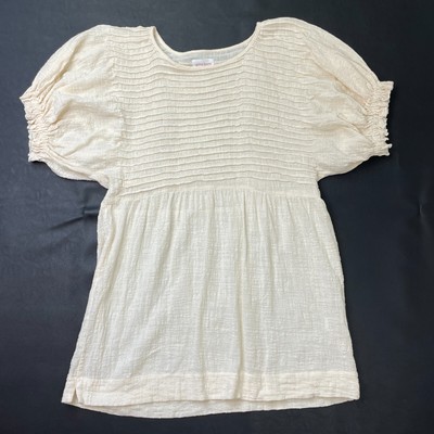Stolen Hearts Cotton Gauze Tunic Top Cottage Boho Puff Sleeve Ivory Size M