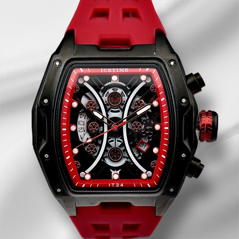 #8 IceTime 45mm Men's Red Black Dial Steel Mens Watch 0.10ct Diamonds IT24