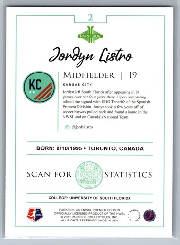 2021 Parkside NWSL Premier Edition #2 Jordyn Listro Foil - Picture 2 of 2