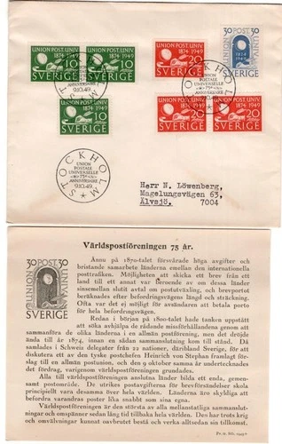 First day cover & insert, Sweden,  Scott #411-15, UPU, 1949