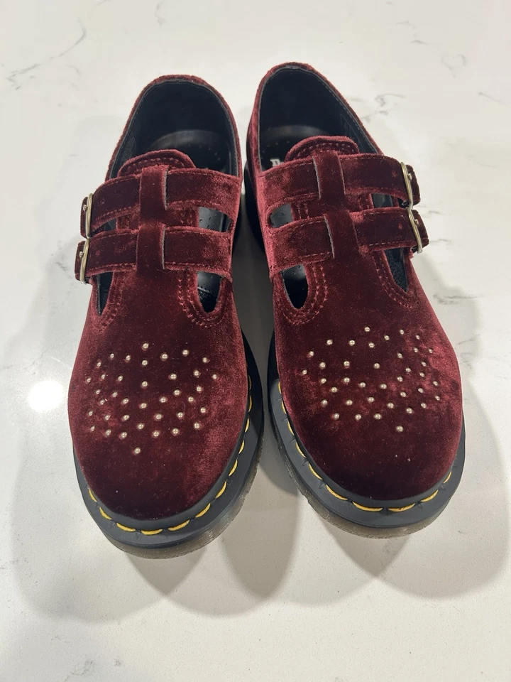 Zapatos Dr Martens Para Mujer Veganos Rojo Cereza Terciopelo Mary Jane Hebilla Talla EE. UU. 8 39 UE Foto 2 de 4