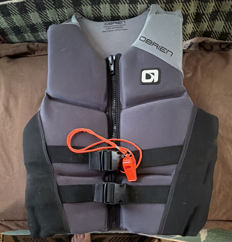 O'Brien USCG Approved Life Jacket Vest Gray/Black Front Zip w/ Buckles Whistle