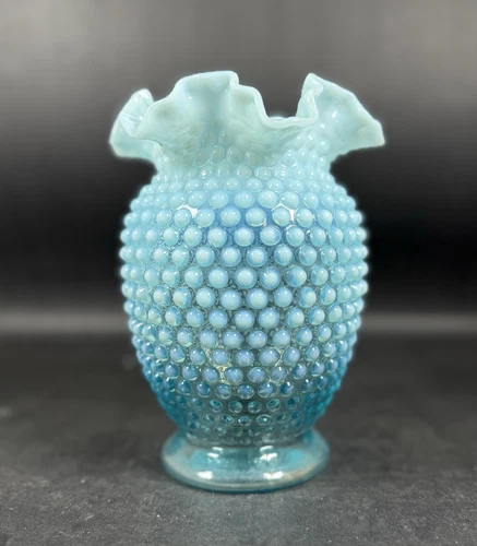 Antique Fenton Style Hobnail Glass Blue Teal Ombre Fluted Vase