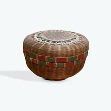 Antique Round Sewing Basket, Pine Needle And Painted, Late 1800’s Filled