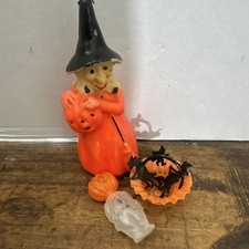 Vintage Halloween Witch in Pumpkin Plastic Figurine w Candle Holder