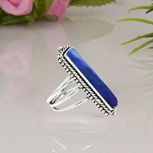 Anello a tripla fascia con pietra grande lapislazzuli in argento sterling... - Immagine 3 di 4