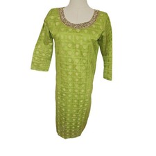 New Indian Women Lime Green Gold Muslin Beaded Printed Kurta Kurti Top Tunic S