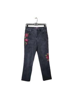 Gloria Vanderbilt Amanda Harvest Rose Black Jeans SIZE 8 Embroidered Floral
