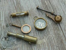BRASS NAUTICAL GIFT SET-TELESCOPE,COMPASS,MAGNIFIER,BOSUN WHISTLE,SAND TIMER