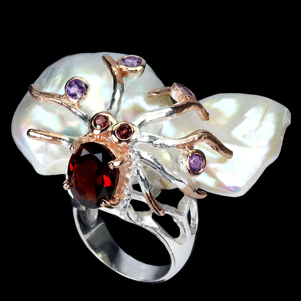 Anillo de plata de ley 925 perla amatista rodolita hecho a mano pulpo joyería 7 Foto 3 de 4